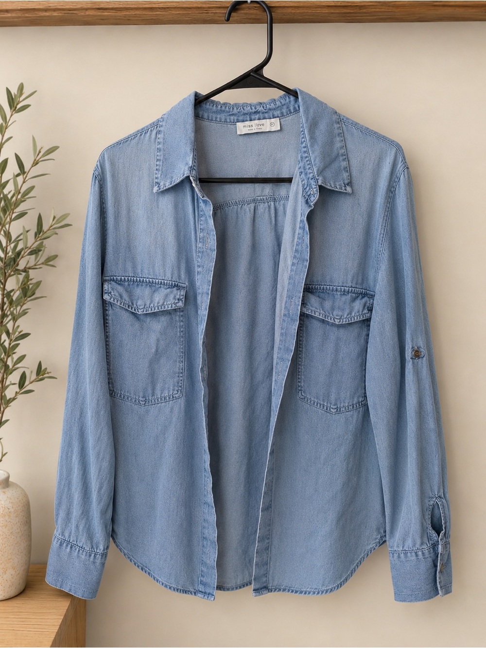 Miss Love Light Blue Denim Button-Up Shirt